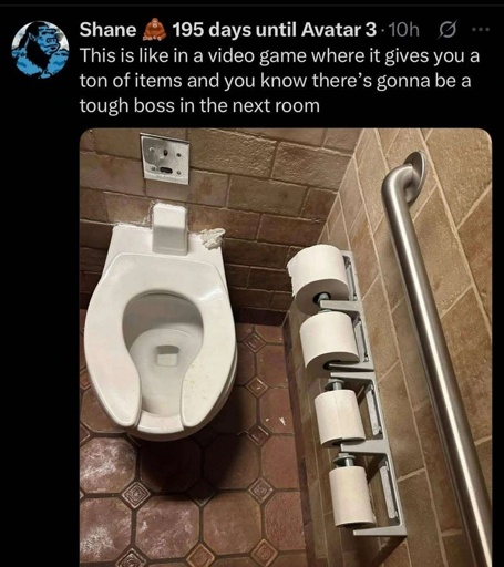 This is like in a video game where it gives you a ton of items and you know there’s gonna be a tough boss in the next room. Picture shows a public toilet with four rolls of toilet paper