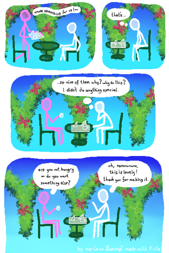 four panel digitally drawn comic. highly saturated blue sky background. there are foliage-bows in the background, behind the characters. first, white person sits in chair, leaning, looking cool. pink person comes along with a tablet filled with two mugs and a bunch of sandwiches. they say "made something for us!". next, the white person thinkgs "that... is really nice of them. why? why do this? i didn't do anything special.". finally, the pink person says "are you not hungry or do you want something else?" to which the white person replies "oh, nonono, this is lovely! thank you for making it". bottom text says "by maria on lemmy, made with Krita"