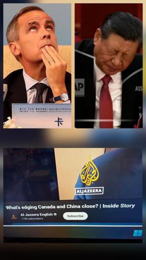 Carney and Xi making cum faces above the news headline: "What's edging Canada and China close?"