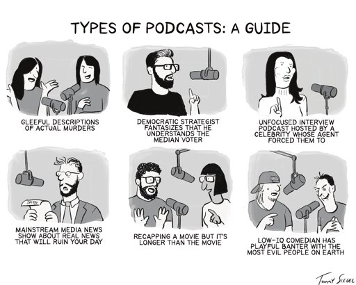 There are 6 panels showing people sitting in front of microphones with text under each one.
They read:
GLEEFUL DESCRIPTIONS OF ACTUAL MURDERS

DEMOCRATIC STRATEGIST FANTASIZES THAT HE UNDERSTANDS THE MEDIAN VOTER

UNFOCUSED INTERVIEW PODCAST HOSTED BY A CELEBRITY WHOSE AGENT FORCED THEM TO

MAINSTREAM MEDIA NEWS SHOW ABOUT REAL NEWS THAT WILL RUIN YOUR DAY

RECAPPING A MOVIE BUT IT'S LONGER THAN THE MOVIE

LOW-IQ COMEDIAN HAS PLAYFUL BANTER WITH THE MOST EVIL PEOPLE ON EARTH