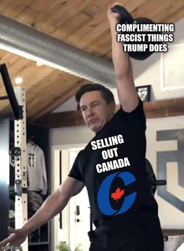 Poilievre with a "selling out canada" shirt, lifting a kettleball that says "complementing fascist things Trump does"