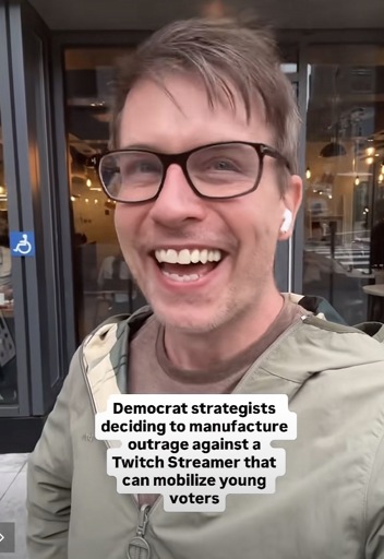 Walter Masterson smiling on a sidewalk in NYC with the caption, “Democrat strategists deciding to manufacture outrage against a
Twitch Streamer that can mobilize young voters”